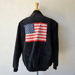 Vintage 90s Suede Black Leather USA Flag Mens Zipper Bomber Jacket 3XL Big Tall